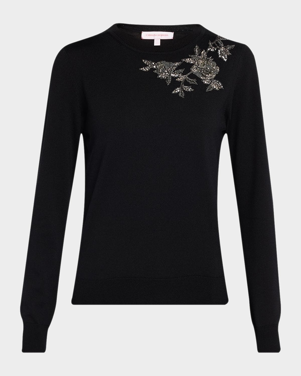 Carolina Herrera Flower Beaded Silk-Cotton Crewneck Sweater