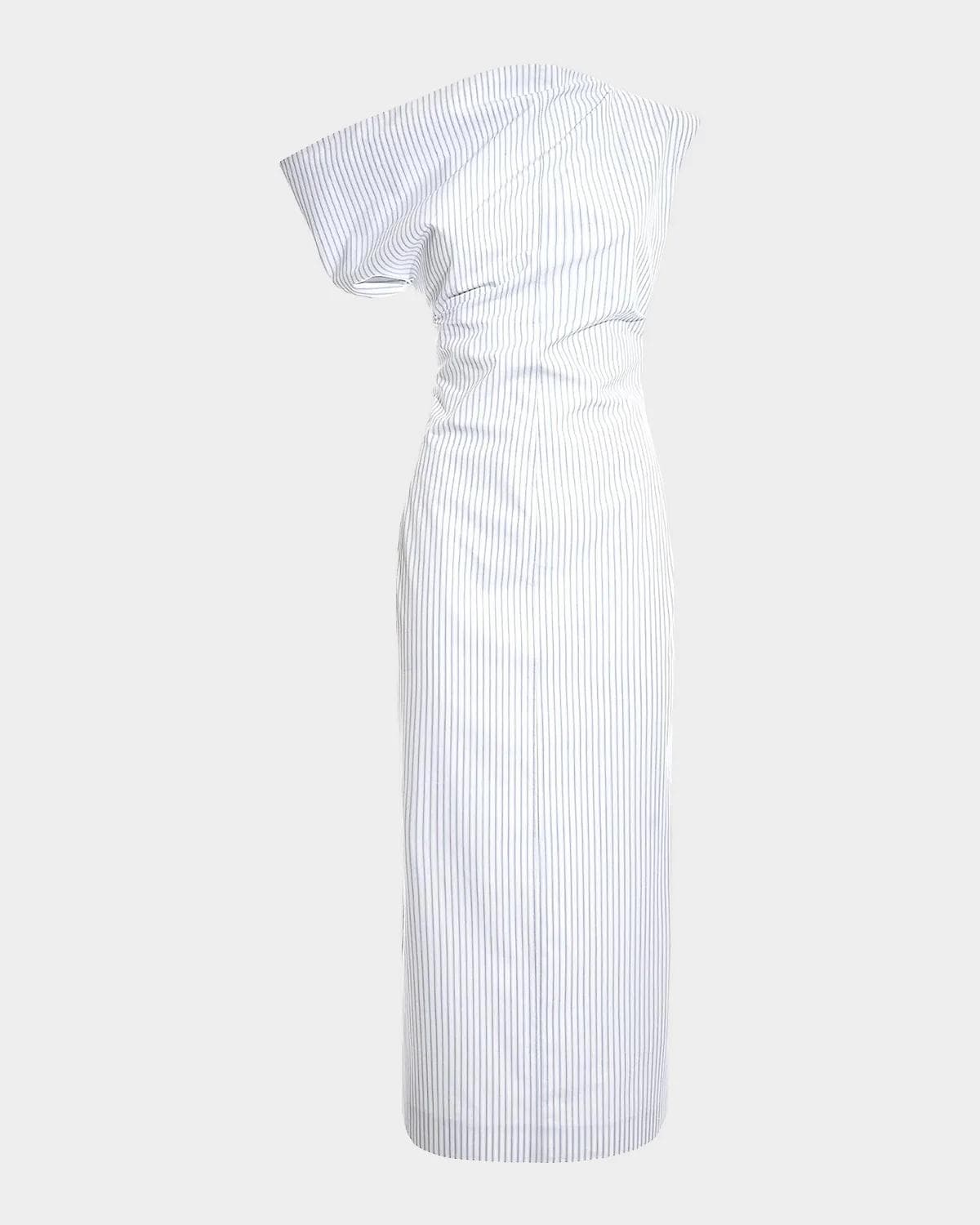 Malo Pinstriped Cotton Off-The-Shoulder Midi-Dress