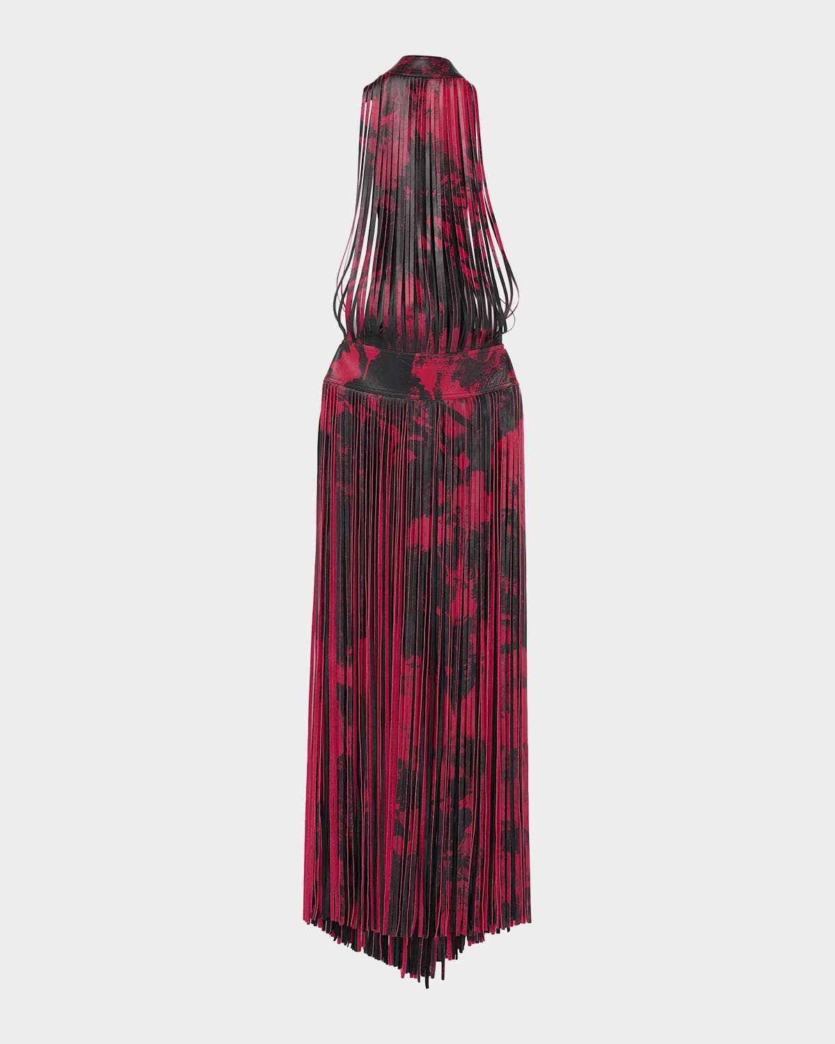 McQueen Floral-Print Leather Fringe Maxi Dress