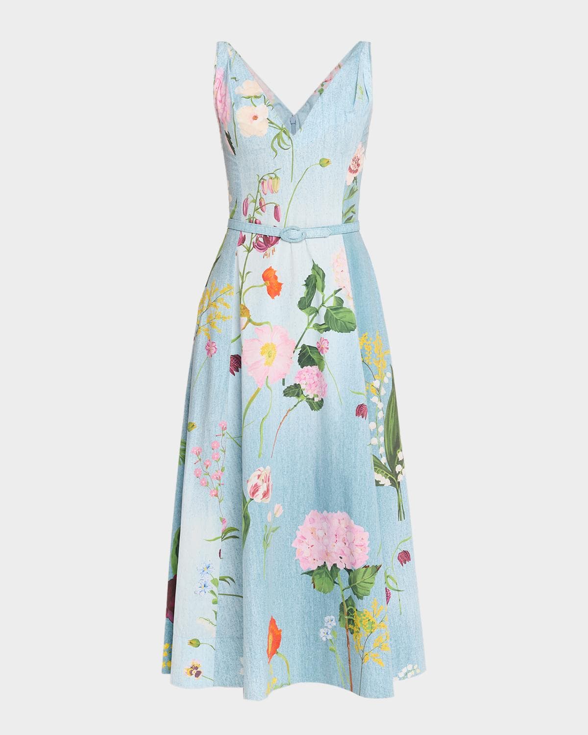 Oscar de la Renta Sleeveless V-Neck Mixed Botanical Midi Day Dress