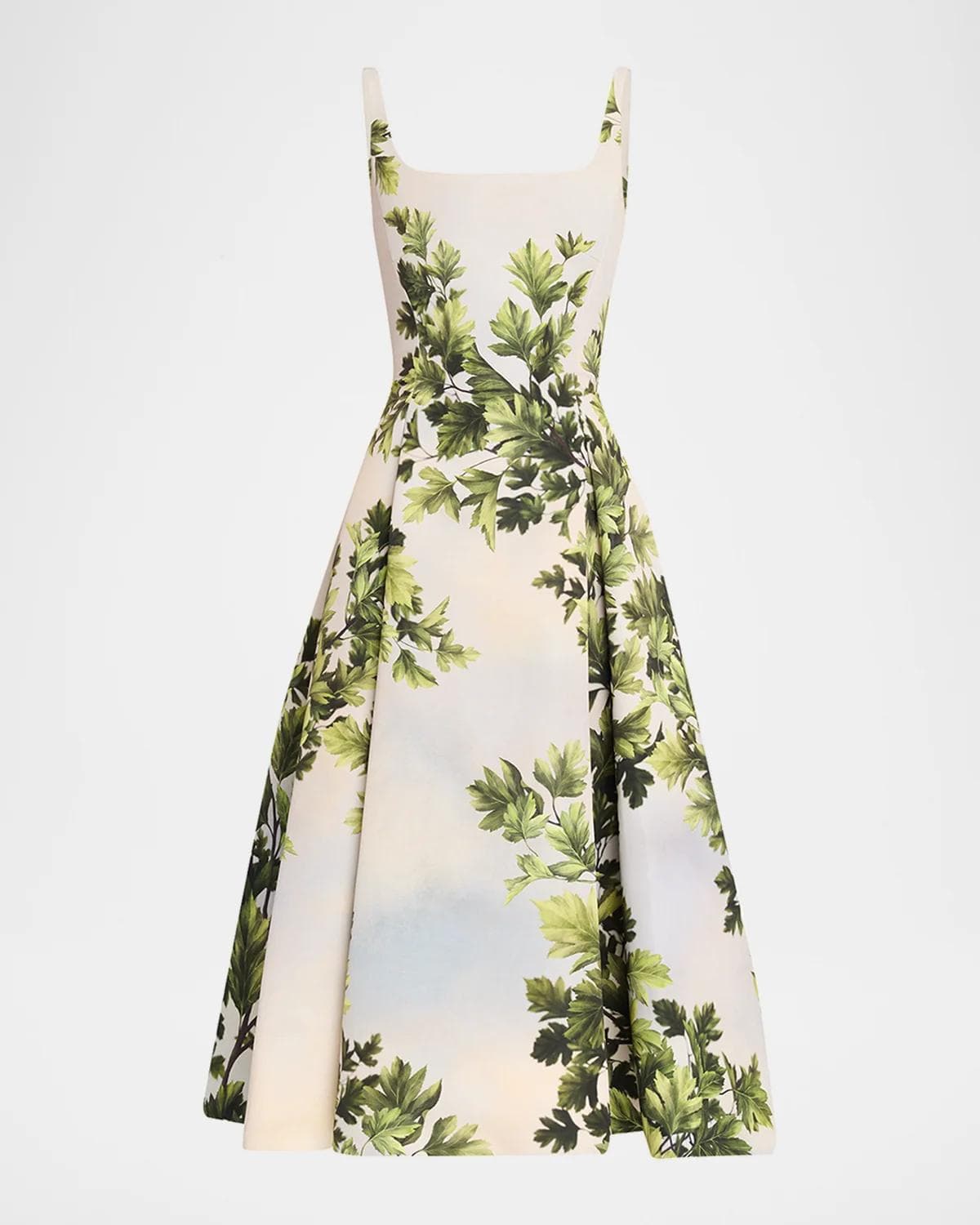 Oscar de la Renta Sleeveless Foliage-Print Faille Square-Neck Midi Dress