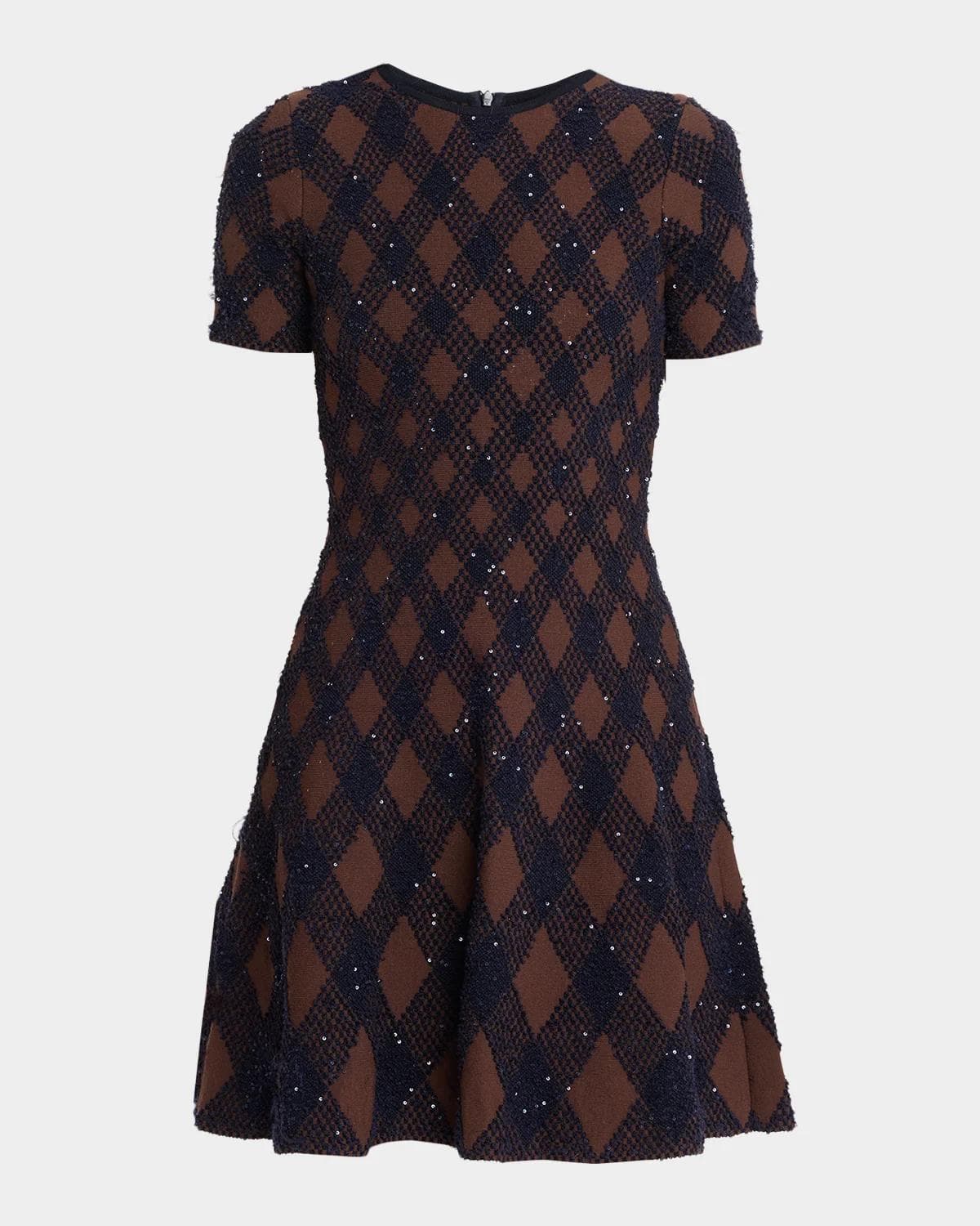 Oscar de la Renta Shimmering Argyle Knit Short-Sleeve Mini Dress