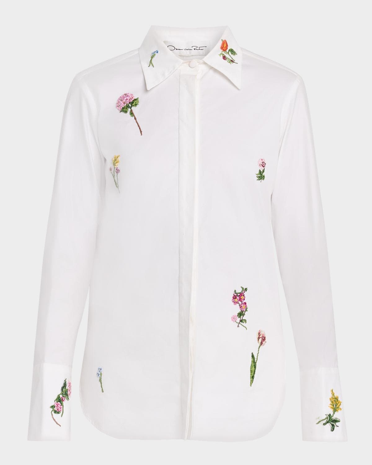 Oscar de la Renta Botanical Embroidered Cotton Poplin Button-Down Shirt