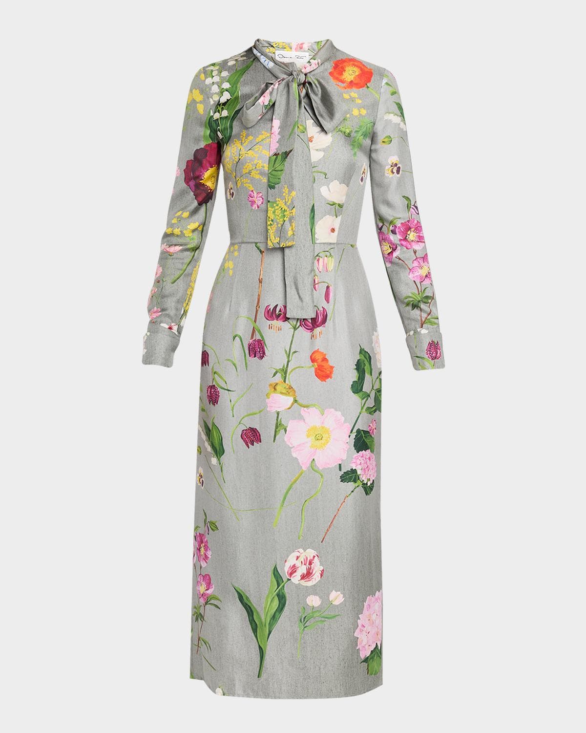 Oscar de la Renta Long-Sleeve Mixed Botanical Silk Scarf-Neck Midi Dress