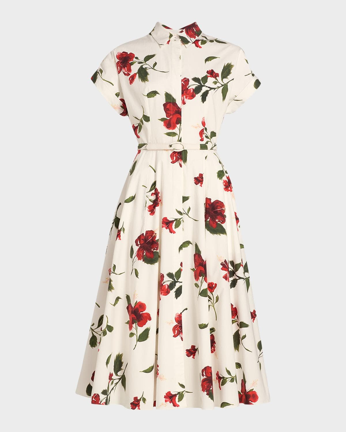 Oscar de la Renta Short-Sleeve Hibiscus Cotton Poplin Midi Shirtdress With Belt