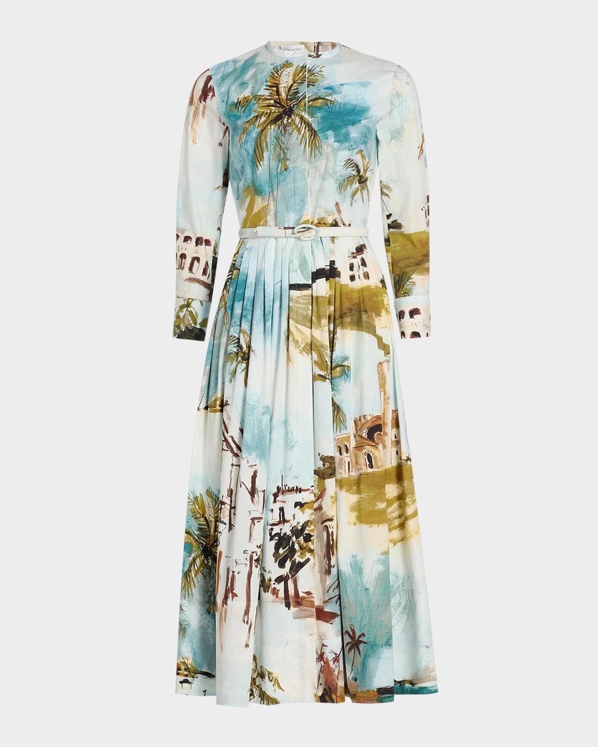 Oscar de la Renta Long-Sleeve Landscape-Print Cotton Poplin Midi Shirtdress With Belt