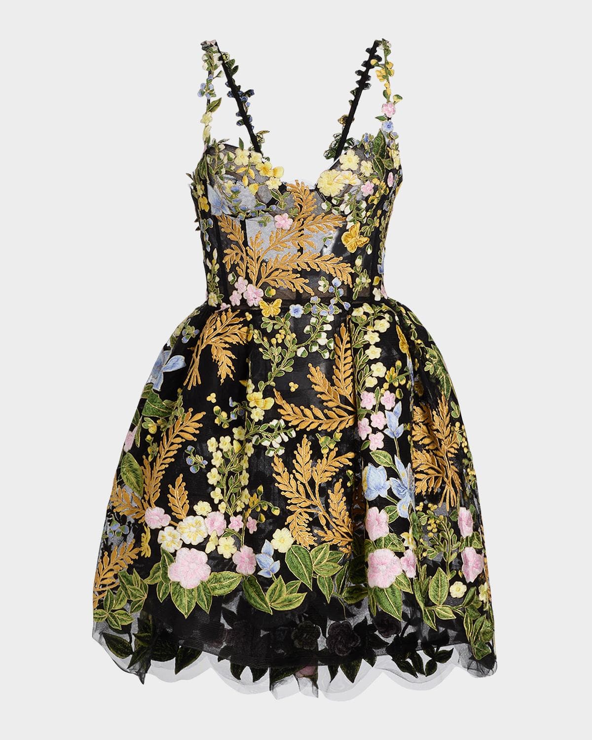 Oscar de la Renta Mixed Botanical Embroidered Tulle High-Low Bustier Dress