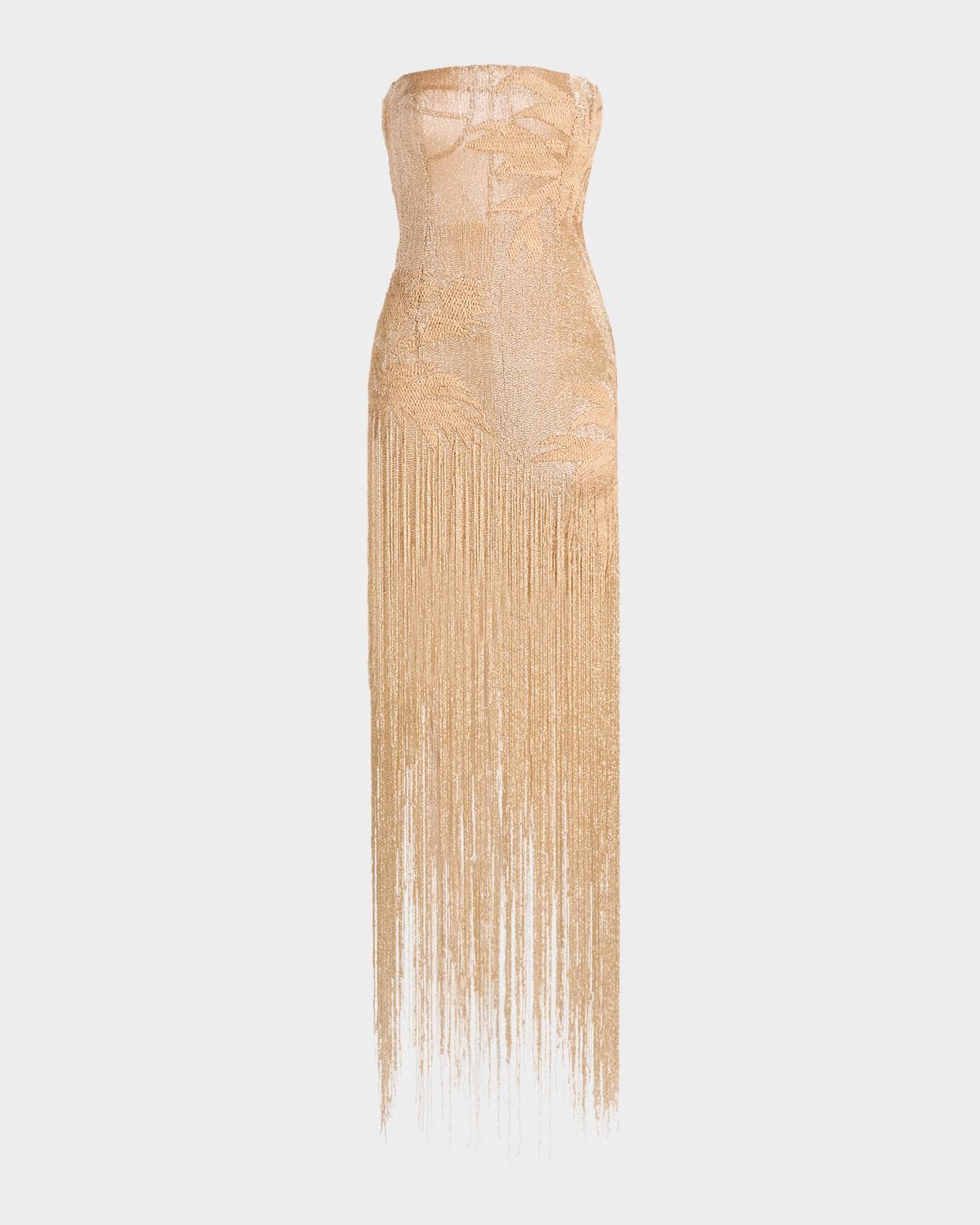 Oscar de la Renta Strapless Palm Raffia Embroidered Fringe Gown