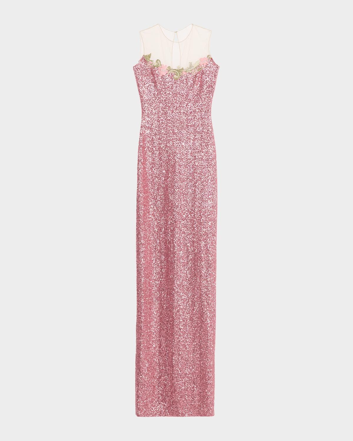 Naeem Khan Illusion Yoke Sequined Floral Applique Sleeveless Gown