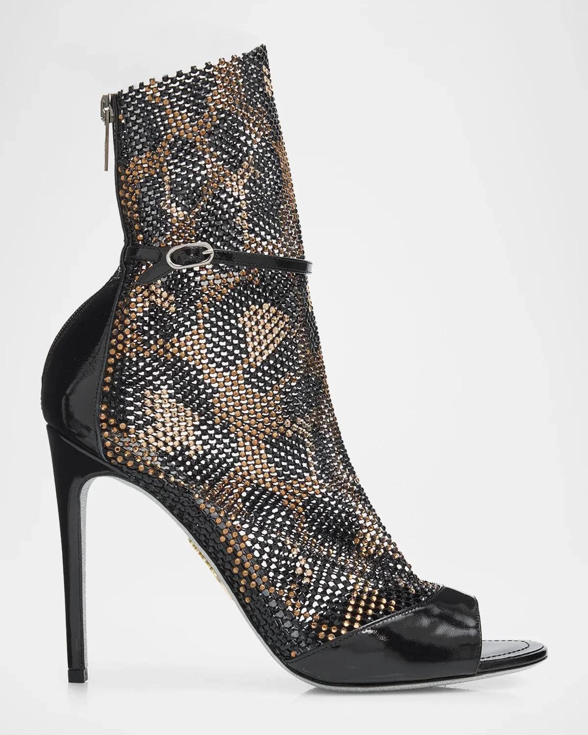 Rene Caovilla 105mm Patent Leather Embellished Mesh Booties