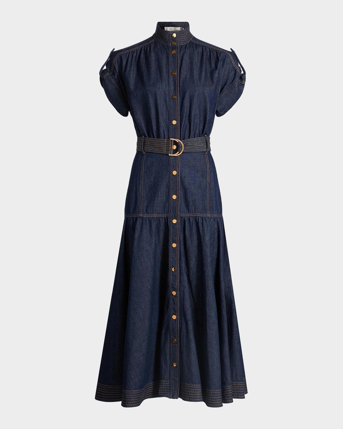 Zimmermann Denim Belted Puff Sleeve Midi Dress