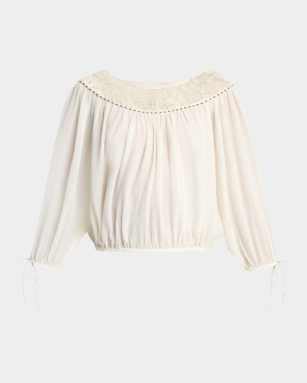 Isabel Marant Nelida Guipure Lace-Trim Silk Gauze Drawstring Blouse