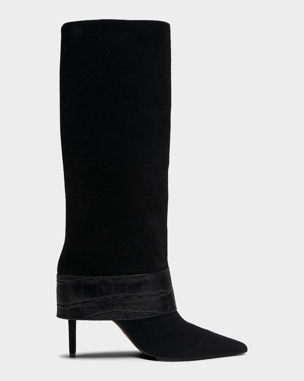 Schutz Beatrix Suede Knee-High Boots with Croc-Embossed Leather Buckle · 5.5
