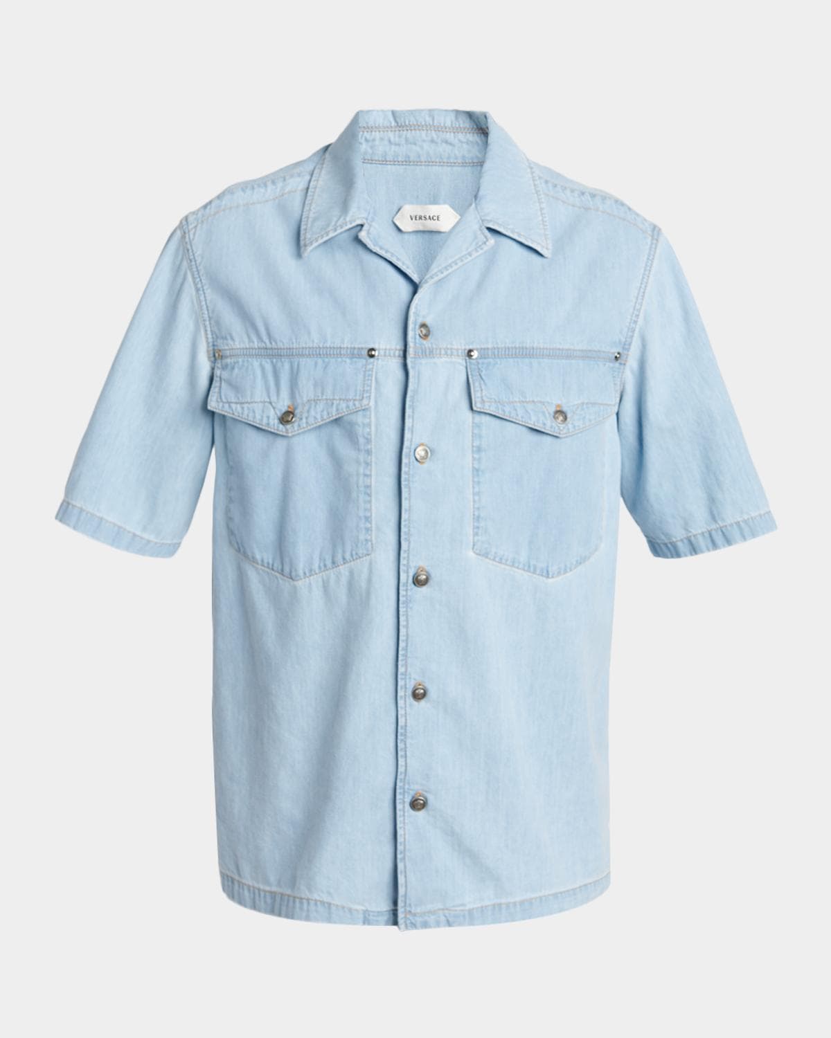 Versace Men's Embroidered-Logo Short-Sleeve Denim Shirt