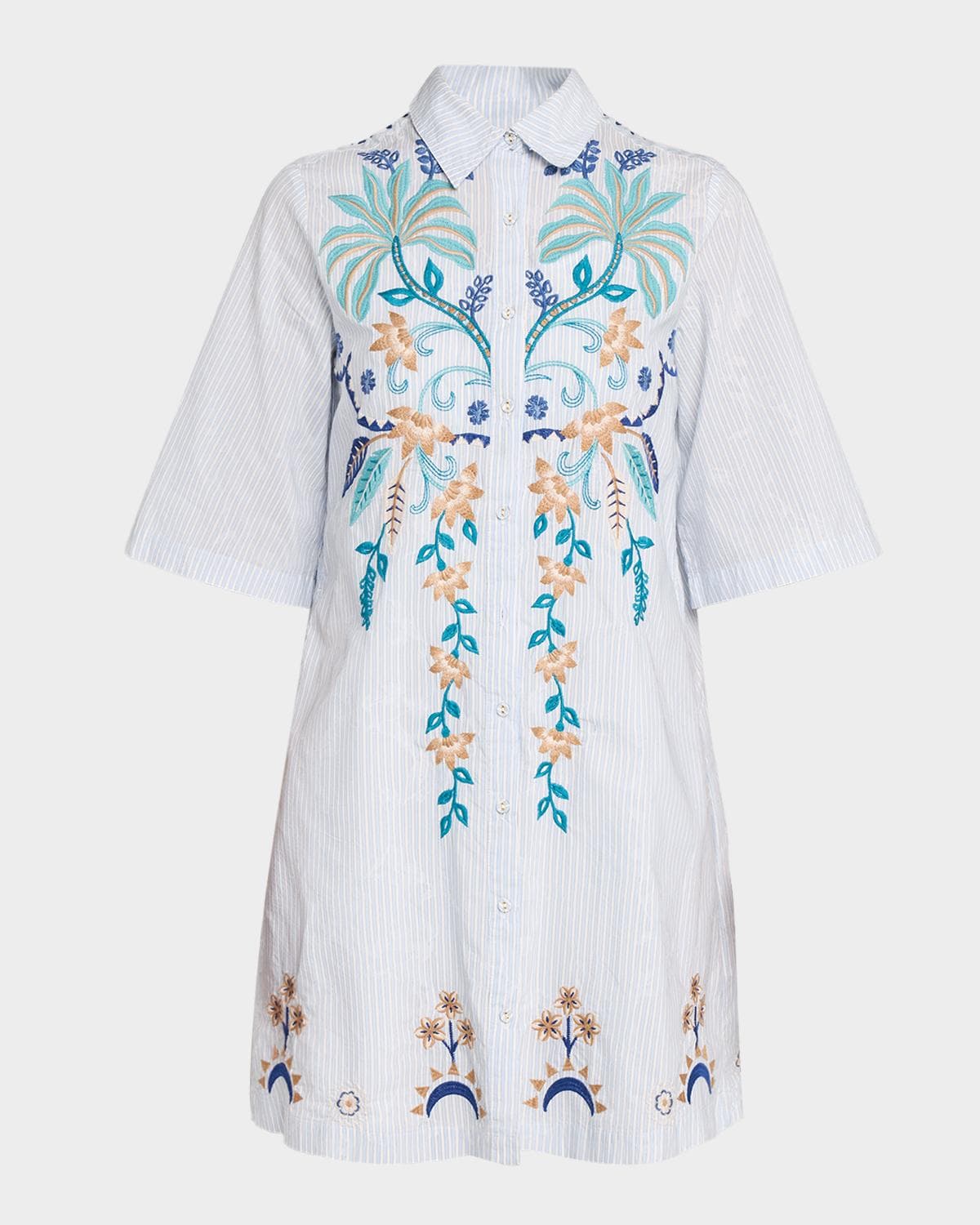 Johnny Was Kimono-Sleeve Embroidered Mini Shirtdress
