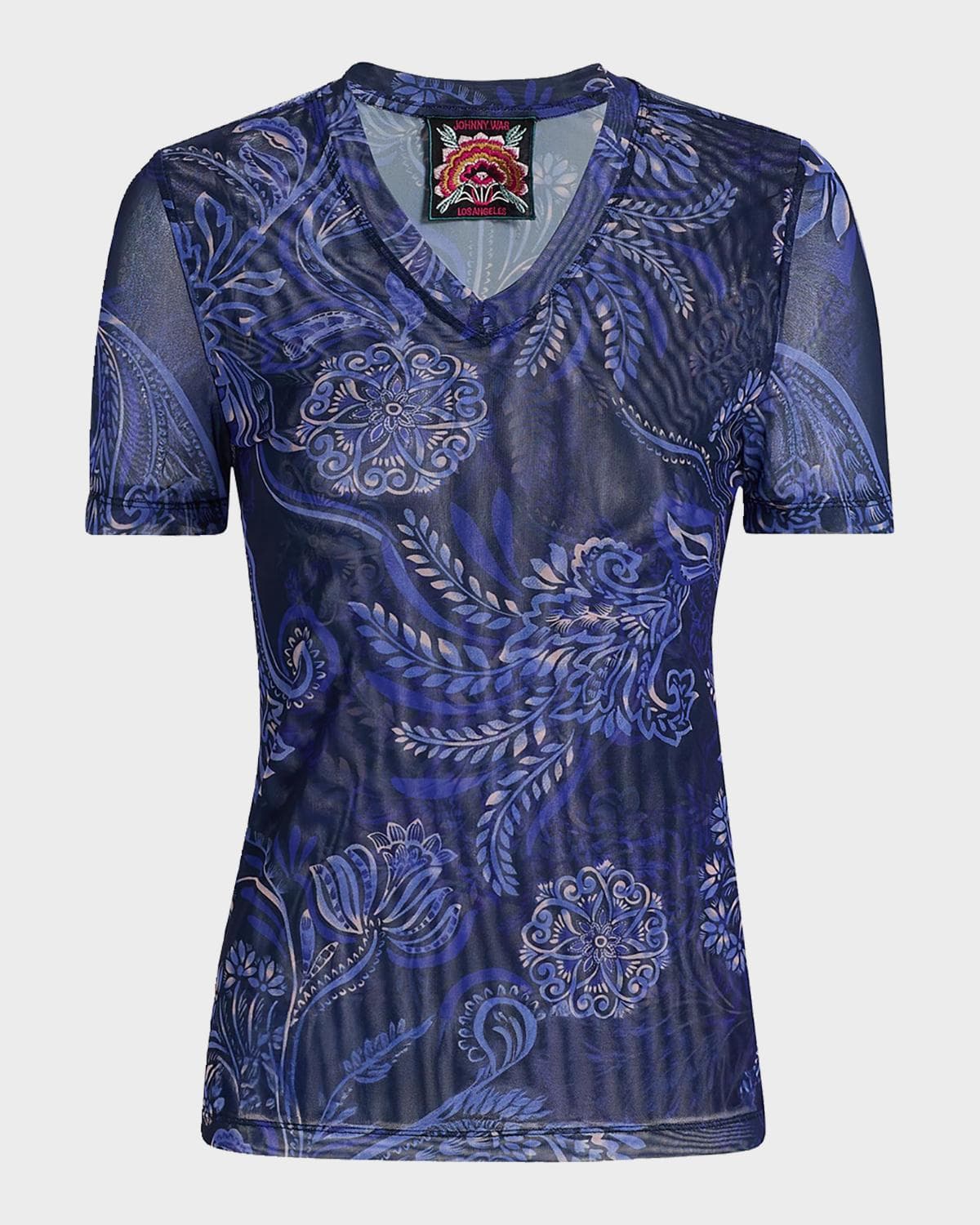 Johnny Was Floral-Print Mesh T-Shirt