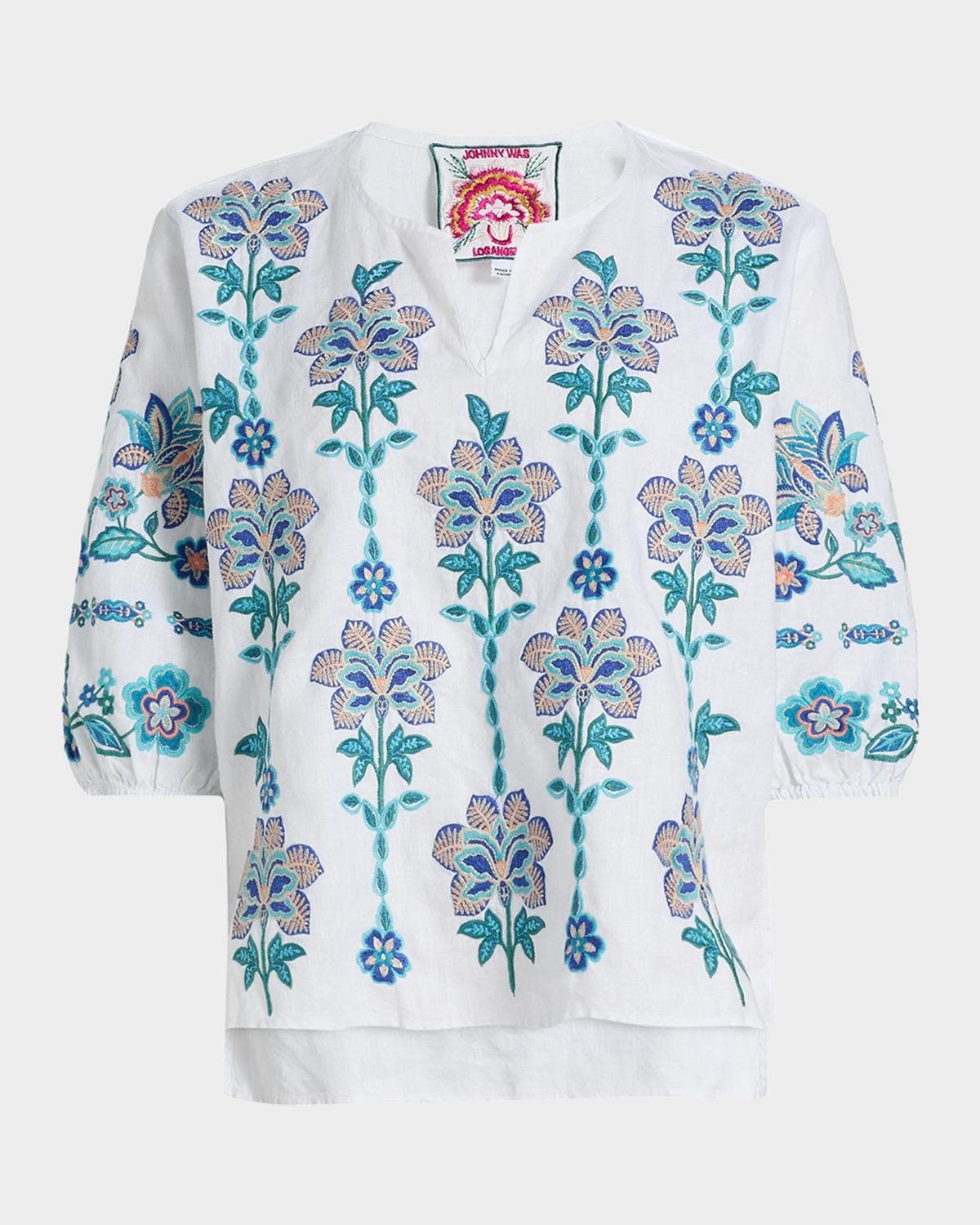 Johnny Was Floral-Embroidered Linen Blouse