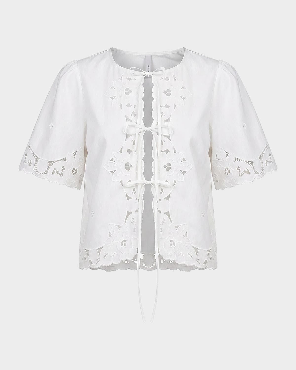 NICHOLAS Isabel Embroidered Tie-Front Cotton Top