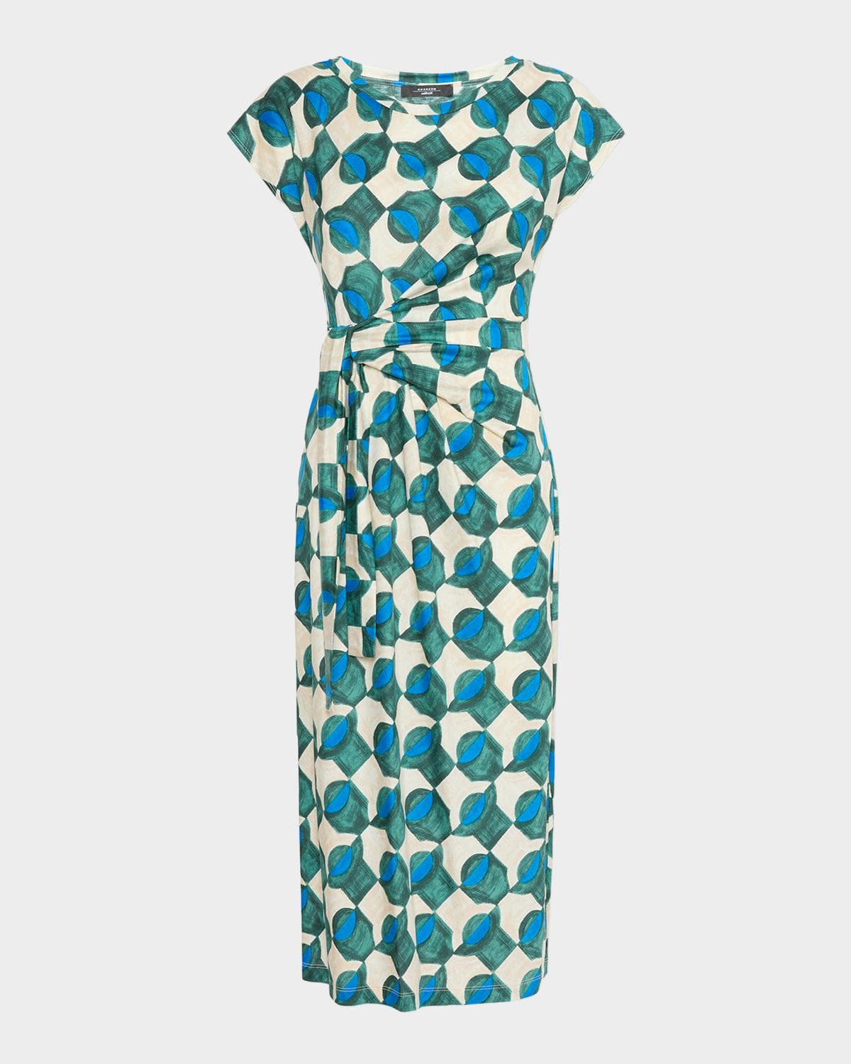 Weekend Max Mara Geo-Print Gathered Cap-Sleeve Midi Dress
