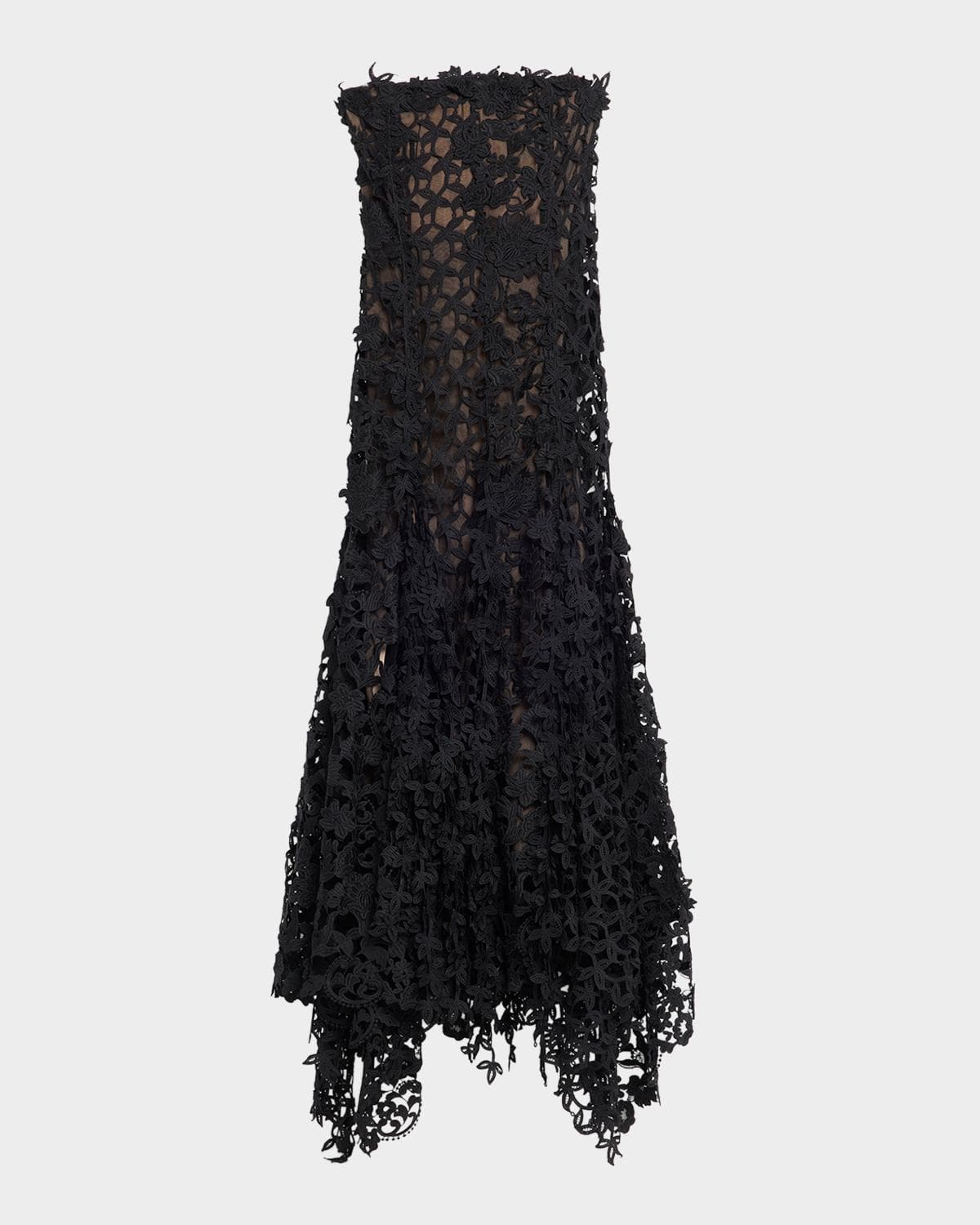 Oscar de la Renta Strapless Floral Lace Handkerchief Godet Ankle Dress
