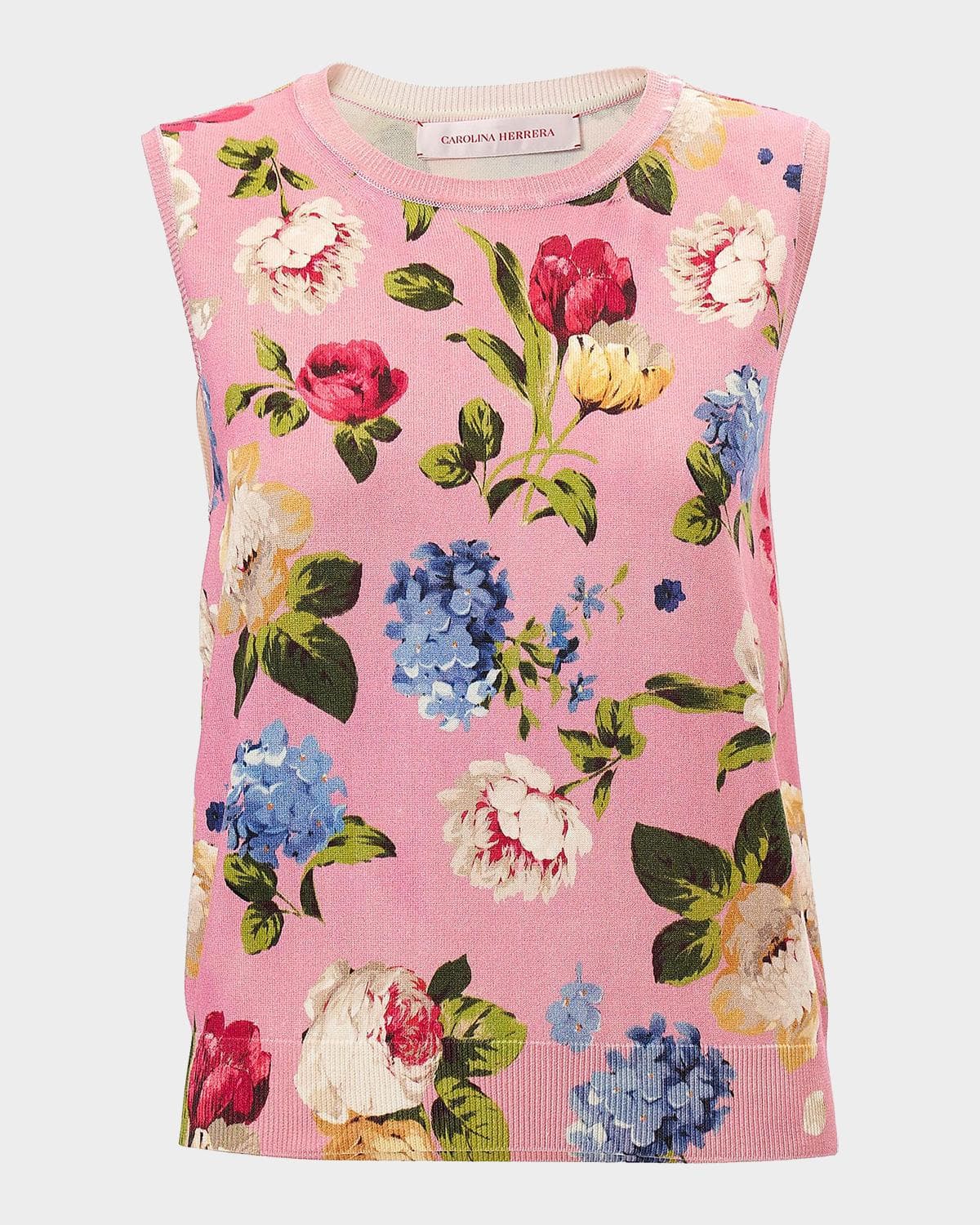 Carolina Herrera Floral-Print Knit Crewneck Tank Top