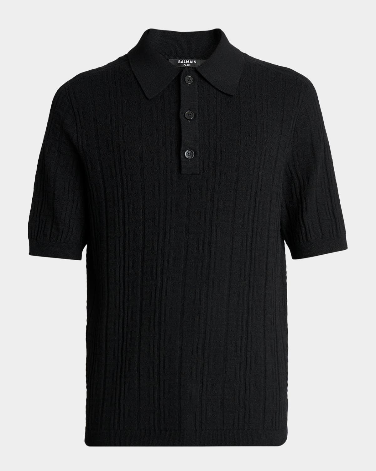 Balmain Men's Tonal Monogram Jacquard Short-Sleeve Polo Sweater
