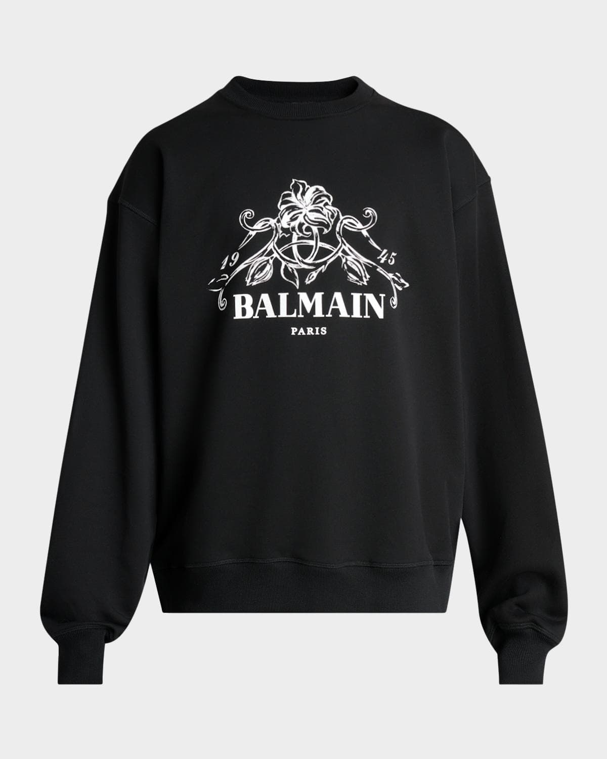 Balmain Men's Floral Logo Crest Crewneck Sweatshirt