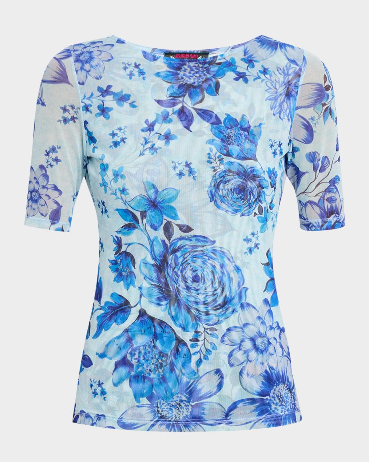 Johnny Was Elbow-Sleeve Botanical Floral Mesh Top