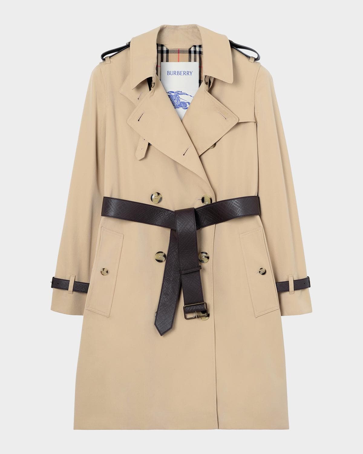Burberry Kensington Leather-Trim Double-Breasted Trench Coat