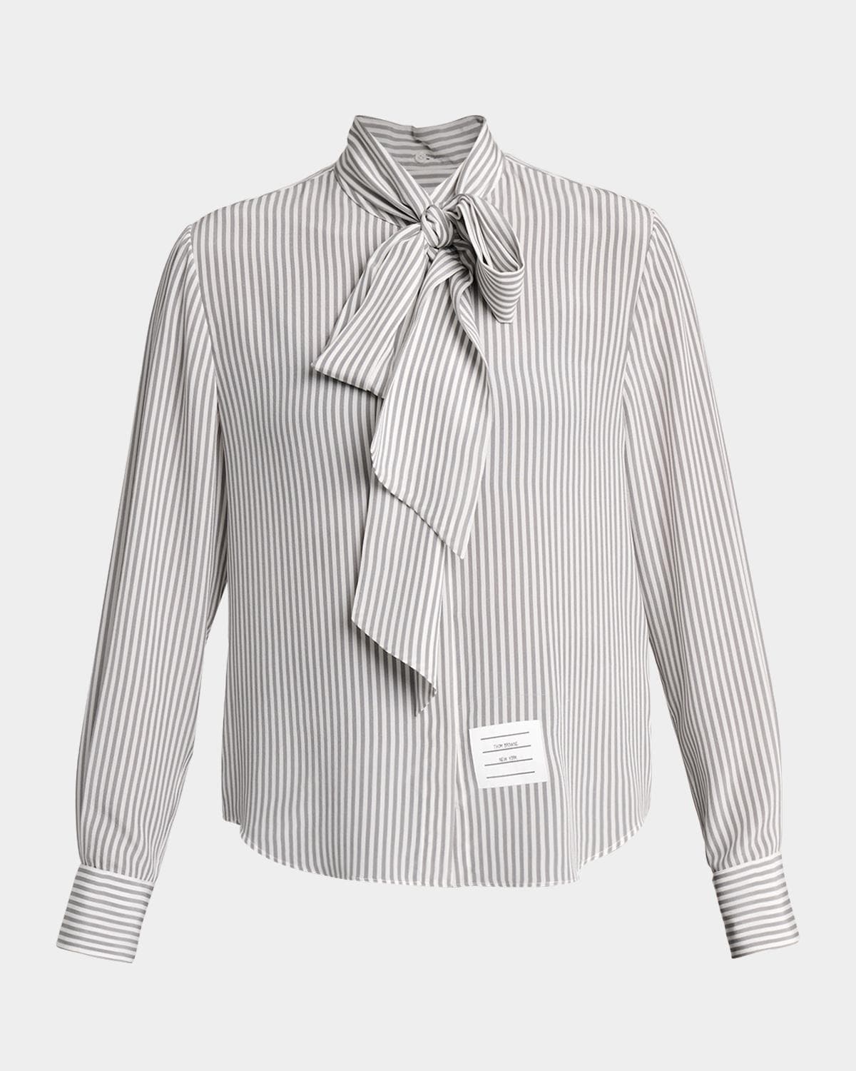 Thom Browne Striped Silk Neck-Scarf Button-Down Blouse