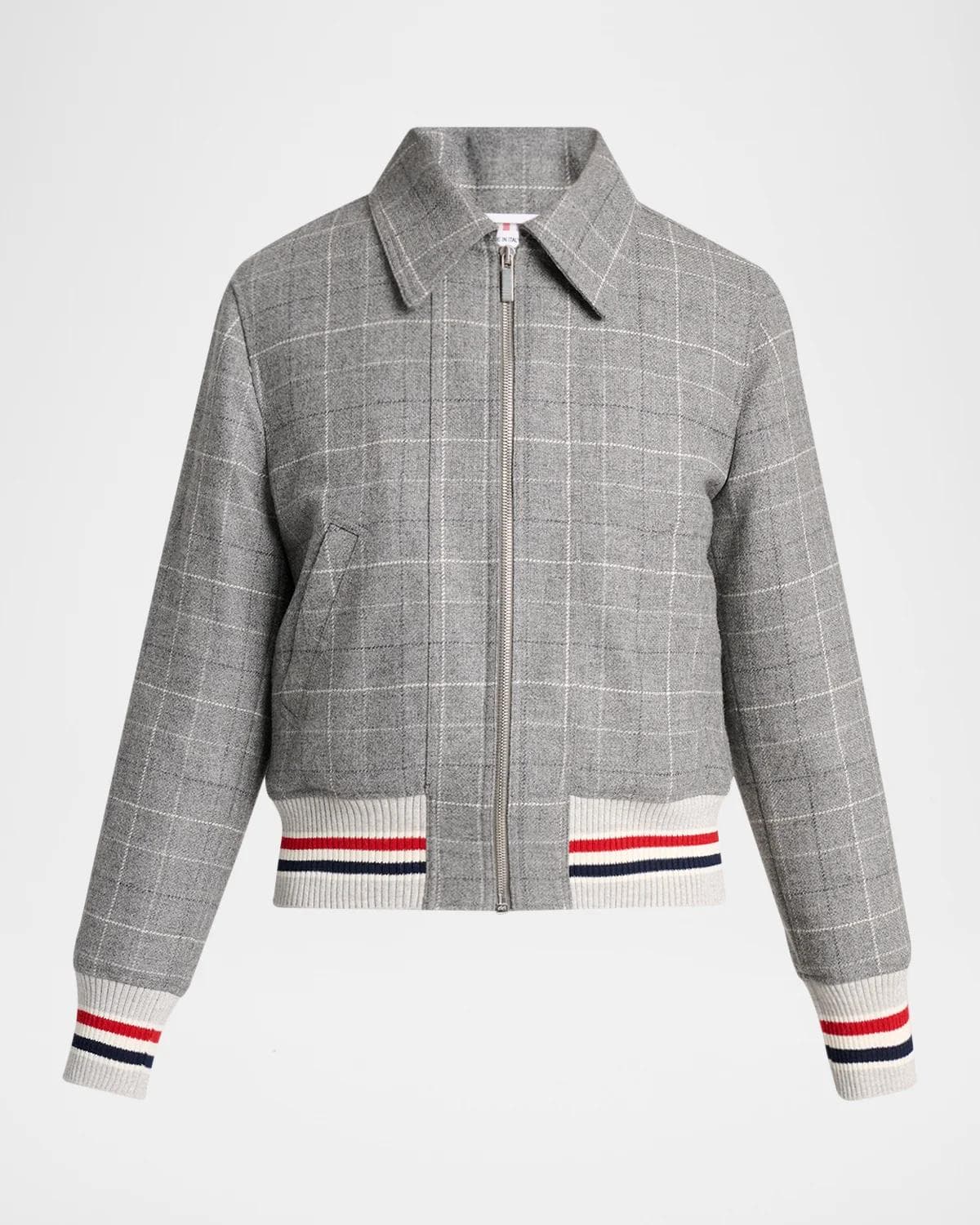Thom Browne Windowpane Check Wool Zip Jacket With Stripe Trim