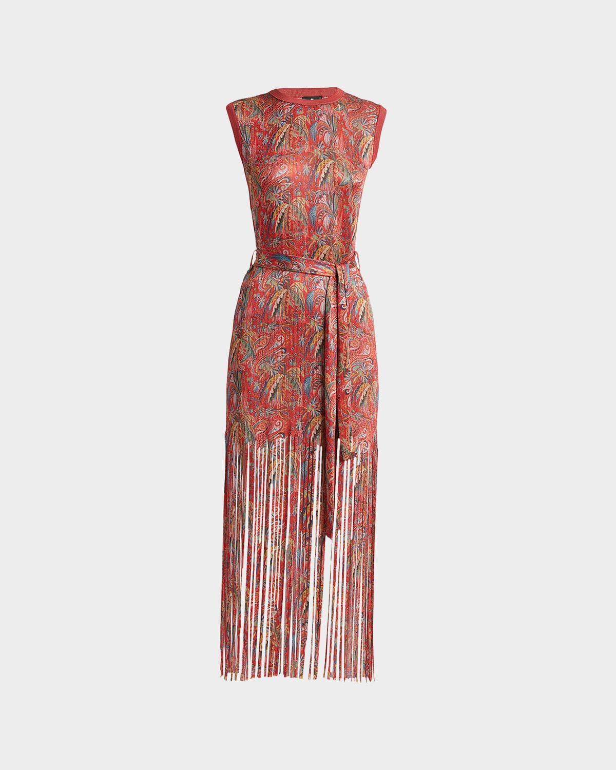 Etro Sleeveless Paisley-Print Knit Fringed Midi Dress