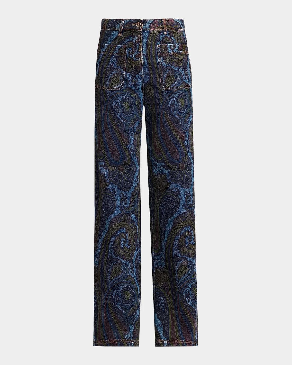 Etro Paisley-Print Denim Straight-Leg Jeans