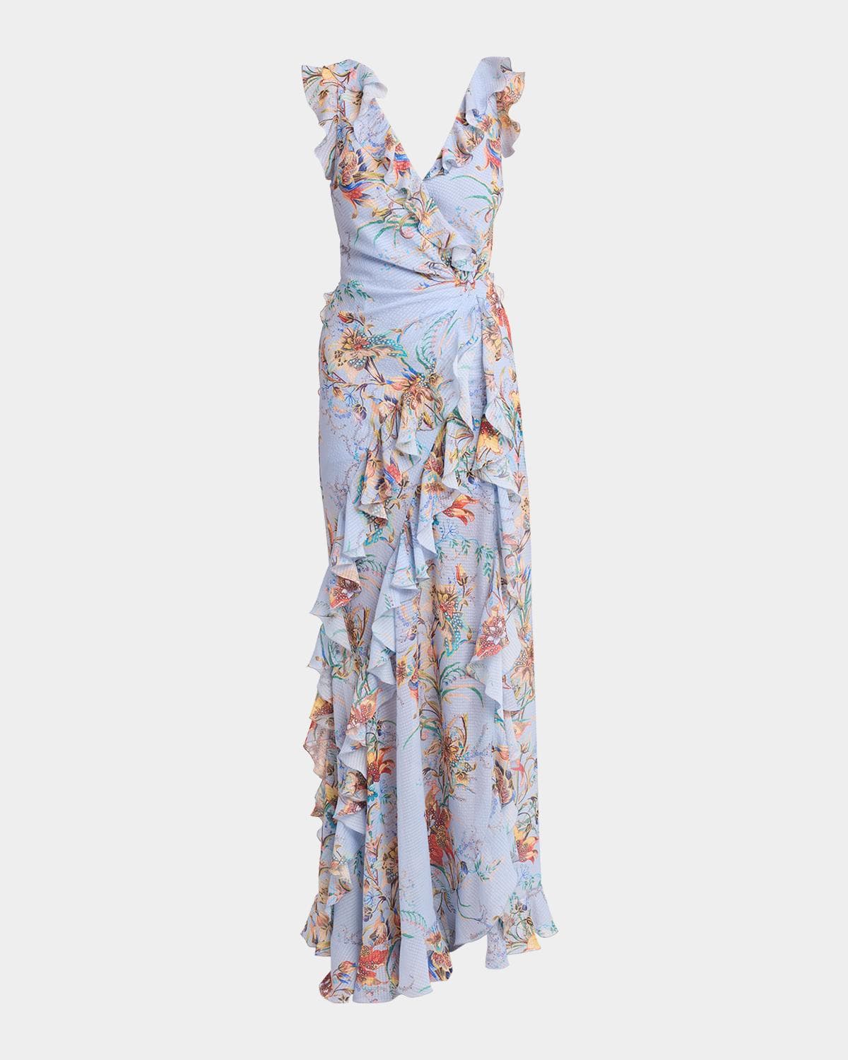 Etro Floral-Print Seersucker Ruffled Slit Maxi Dress