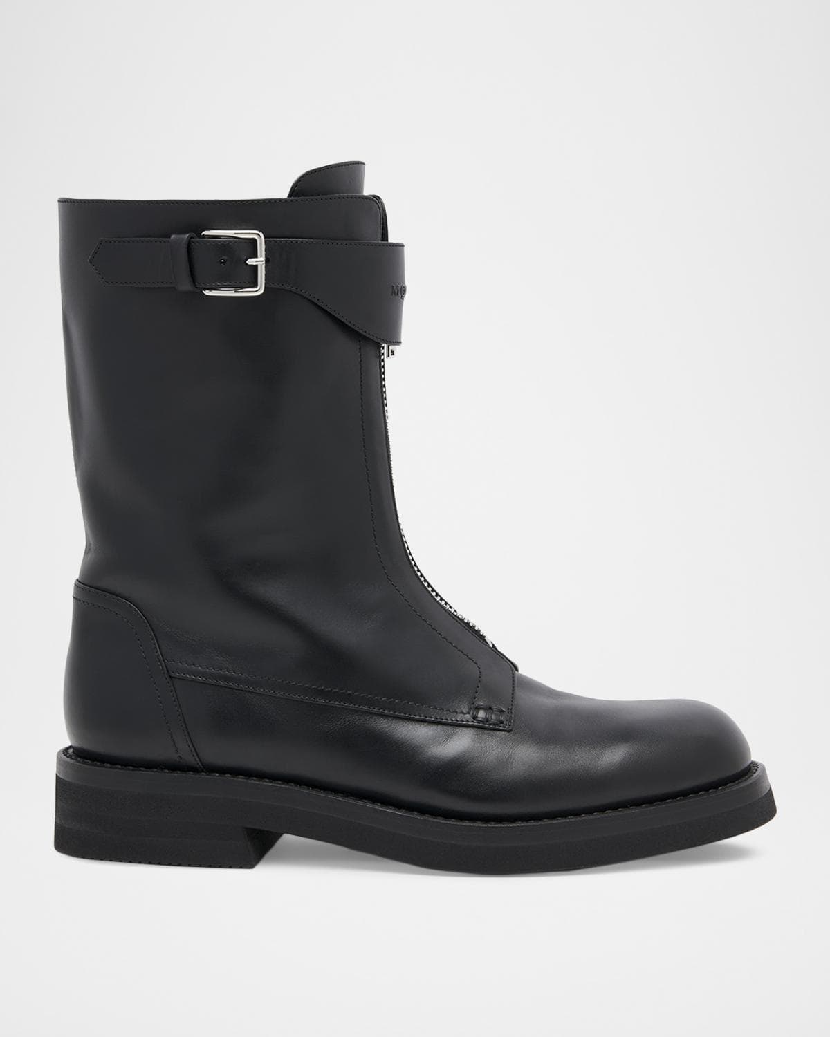 McQueen Men's Biker Leather Center-Zip Buckle Boots