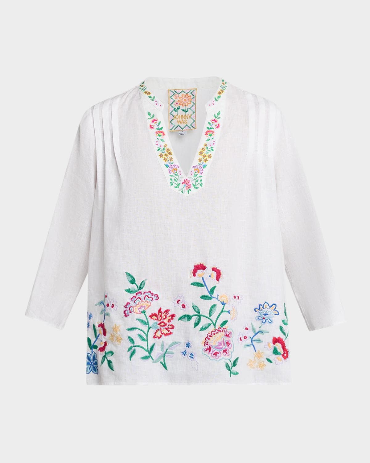 Johnny Was Floral-Embroidered Linen Blouse