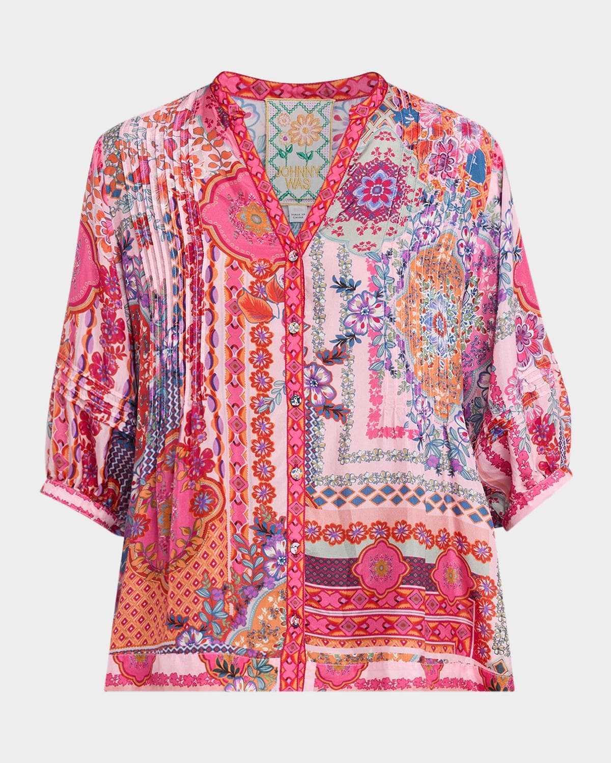 Johnny Was Vacanza Pintuck Floral-Print Silk Blouse