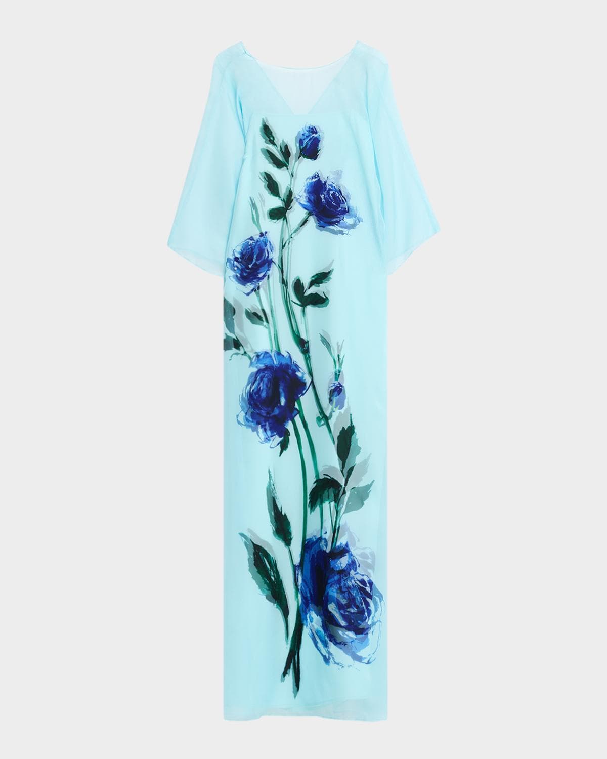 Rickie Freeman for Teri Jon Floral-Print Chiffon Draped Gown