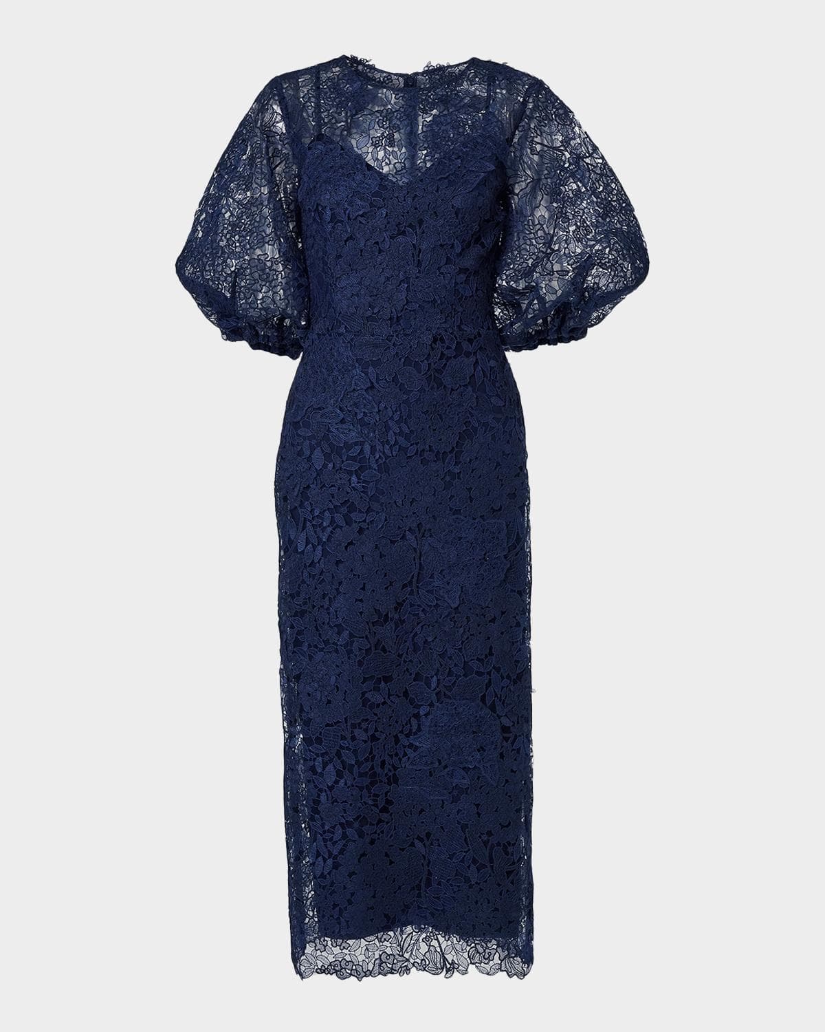 Carolina Herrera Lace Balloon-Sleeve Belted Midi Pencil Dress