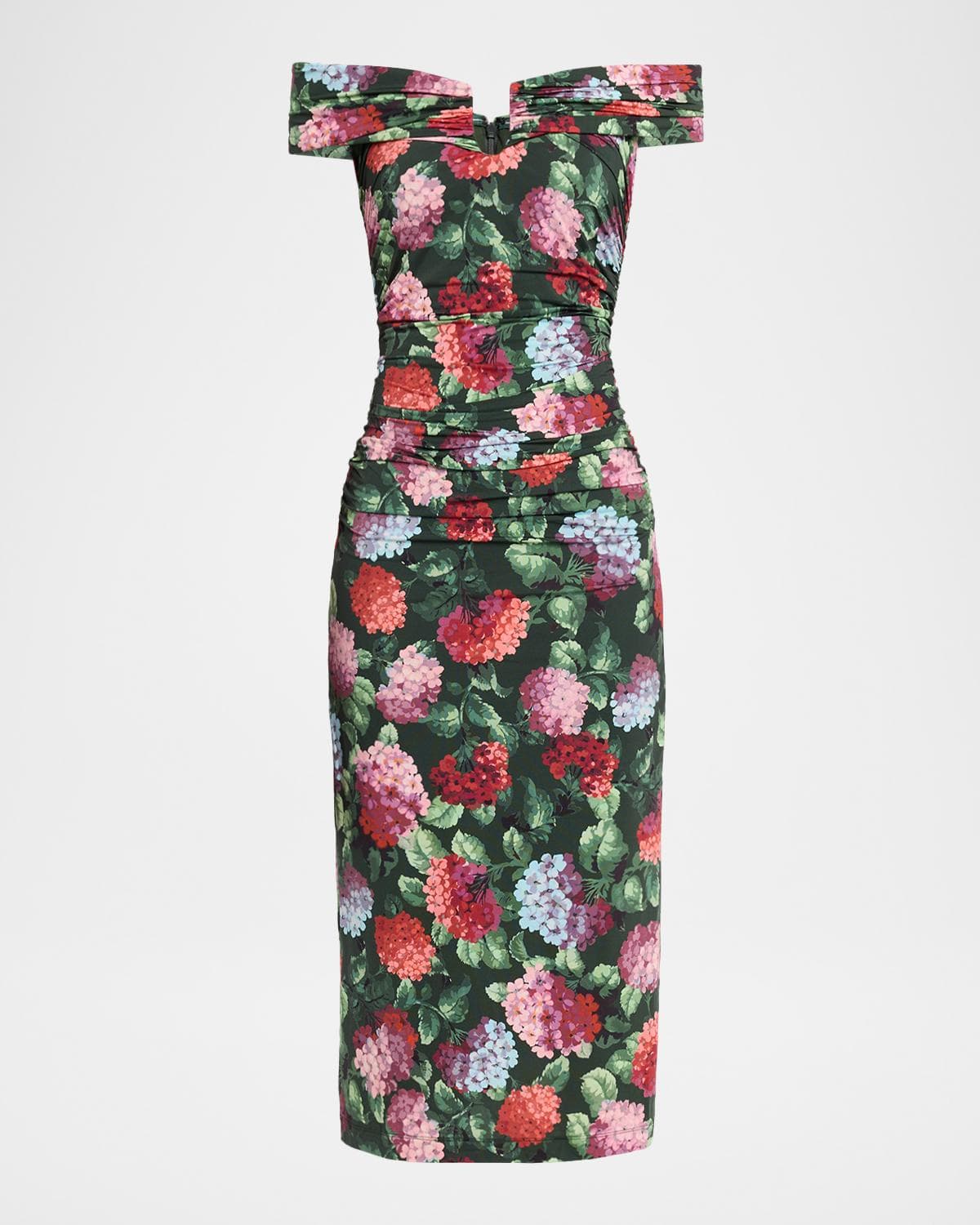 Carolina Herrera Off-The-Shoulder Hydrangea Print Ruched Jersey Midi Dress