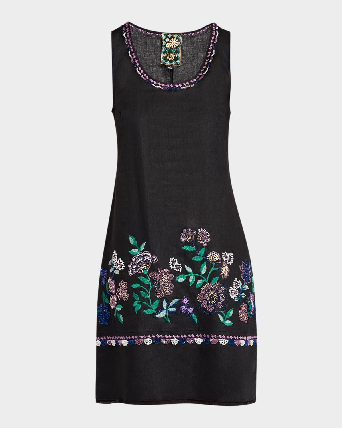 Johnny Was Beaded Floral-Embroidered Linen Tank Dress
