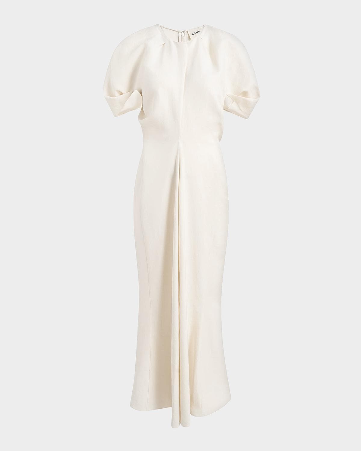 Khaite Ria Linen Draped-Waist Puff-Sleeve Midi Dress