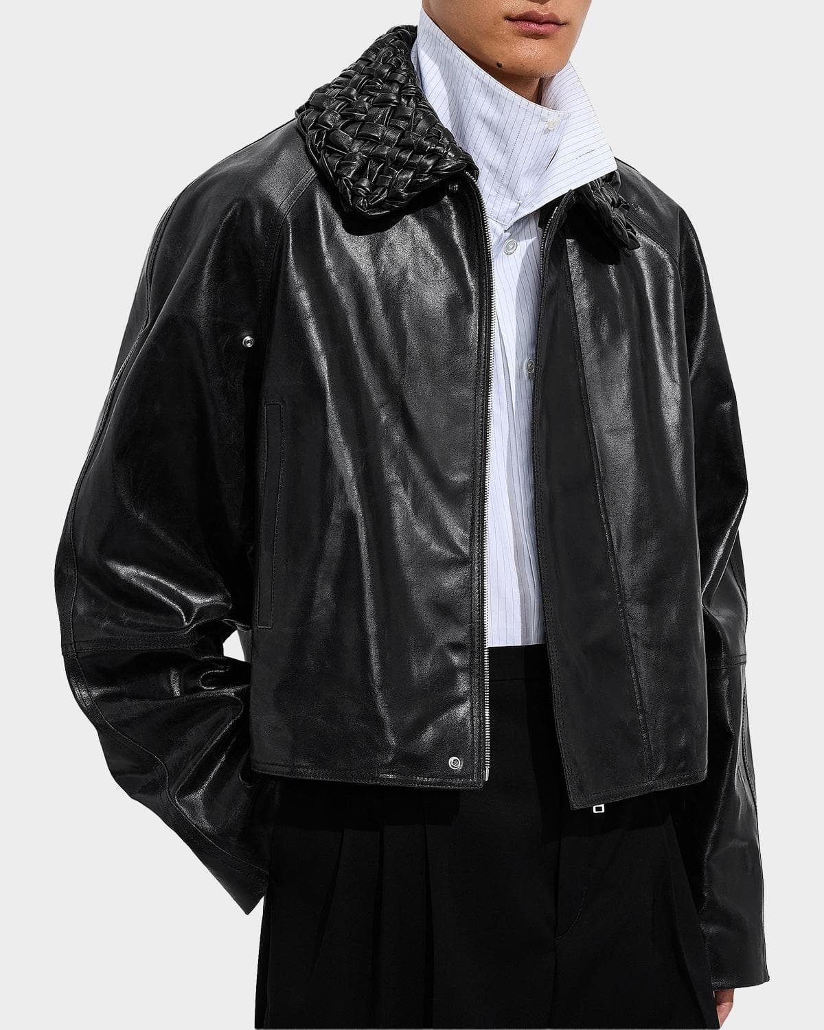 Bottega Veneta Men's Intrecciato-Collar Leather Jacket