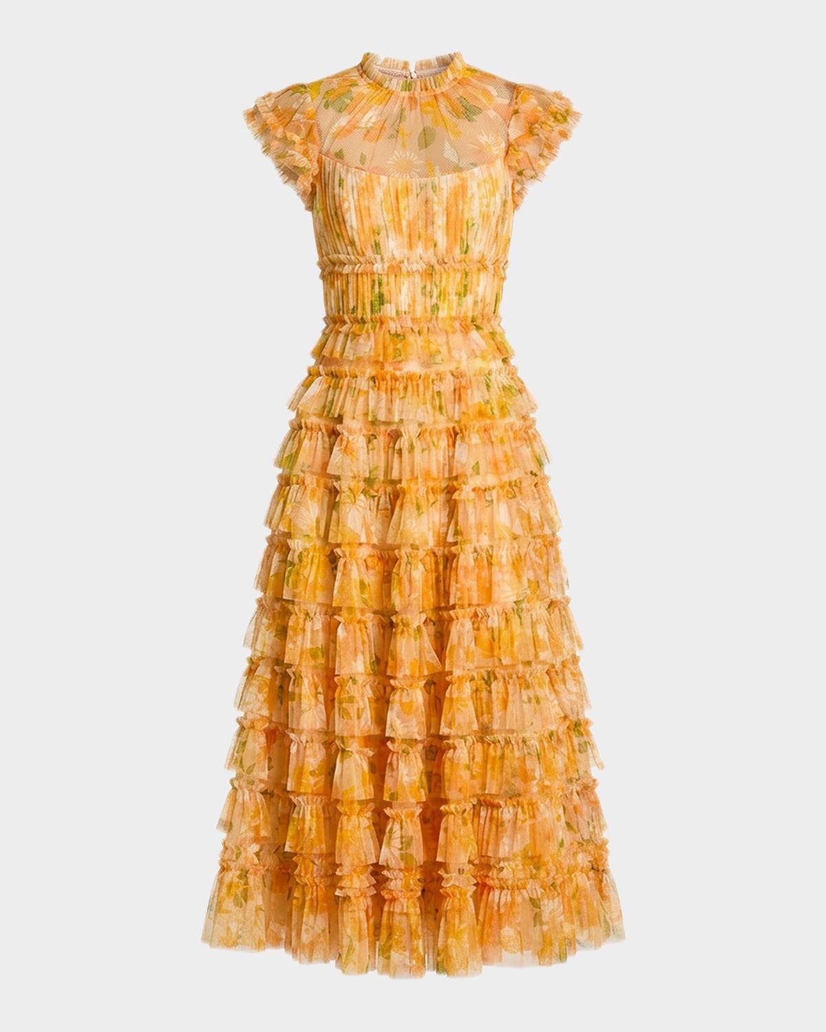 Mac Duggal Floral-Print Ruffle Mesh Midi Dress