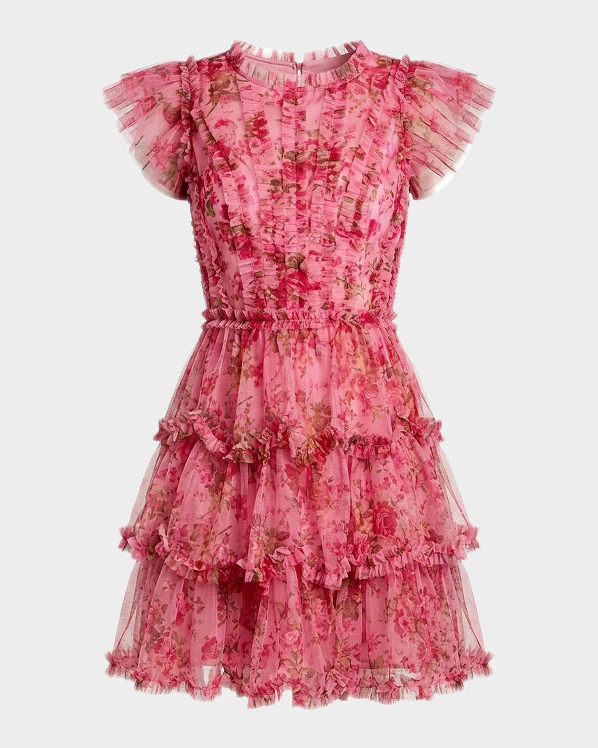 Mac Duggal Ruffled Floral Cap-Sleeve Mesh Mini Dress