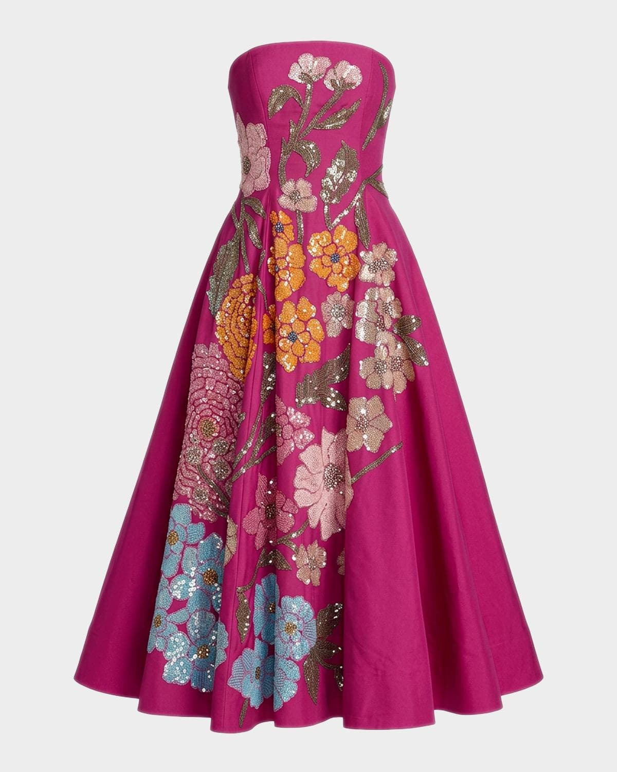 Mac Duggal Strapless Floral-Embellished A-Line Midi Dress