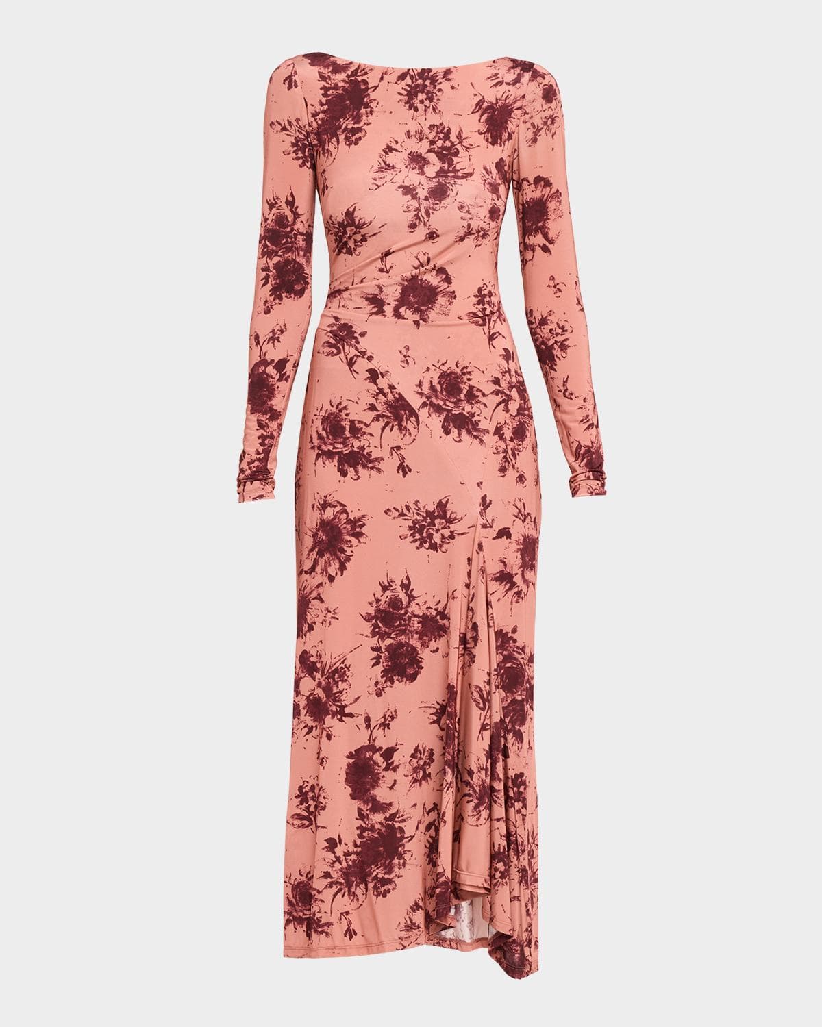 Lela Rose Floral Printed Jersey Long-Sleeve Midi Dress