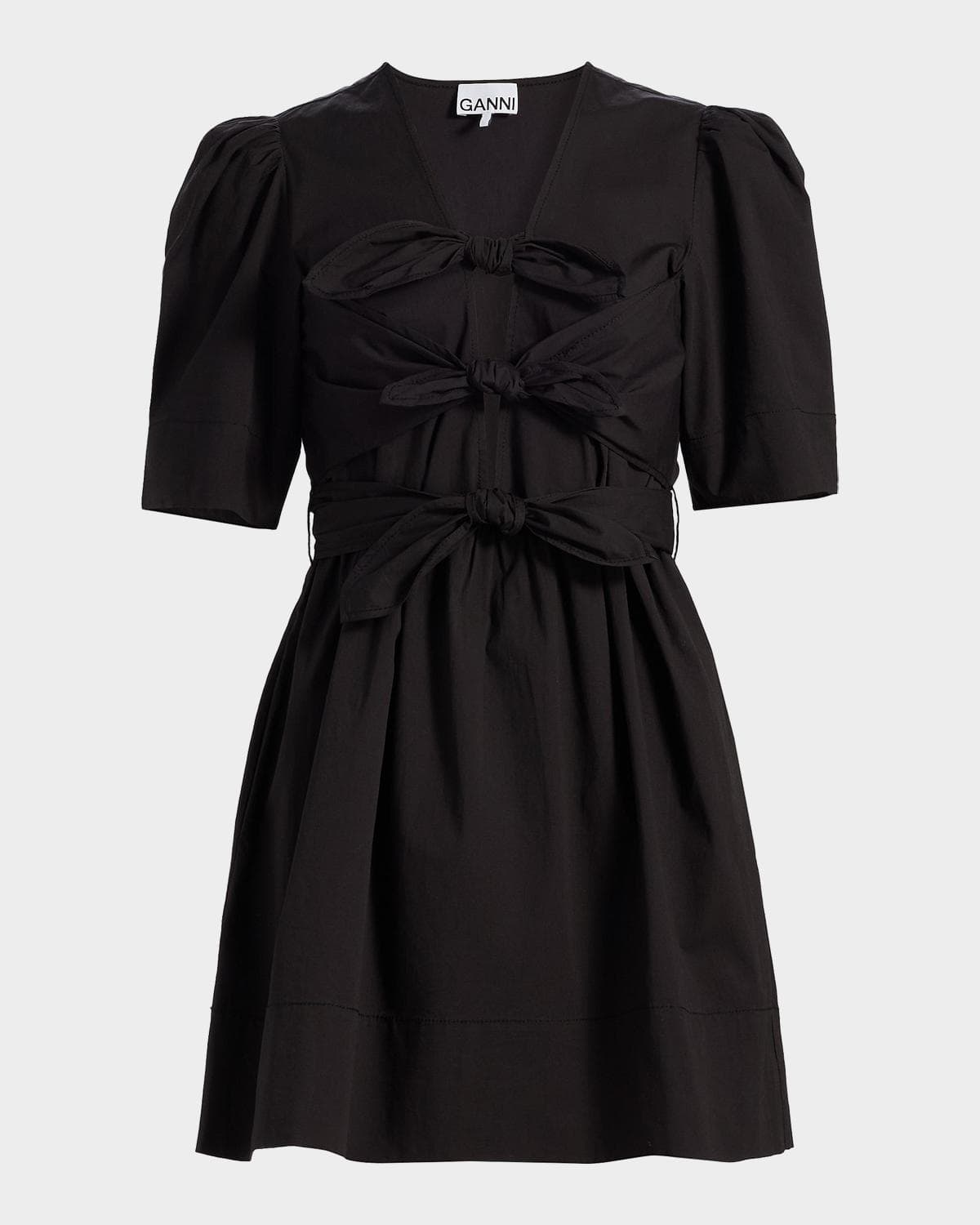 Ganni Tie-Waist Stretch-Cotton A-Line Minidress