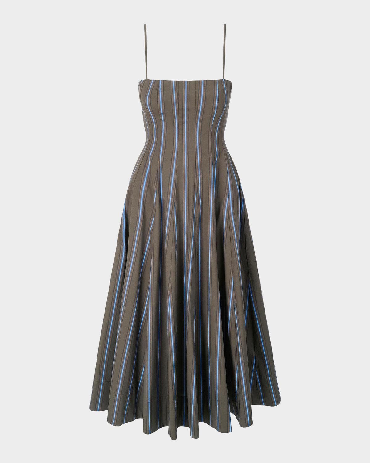 STAUD Wylie Striped Stretch-Cotton A-Line Midi-Dress