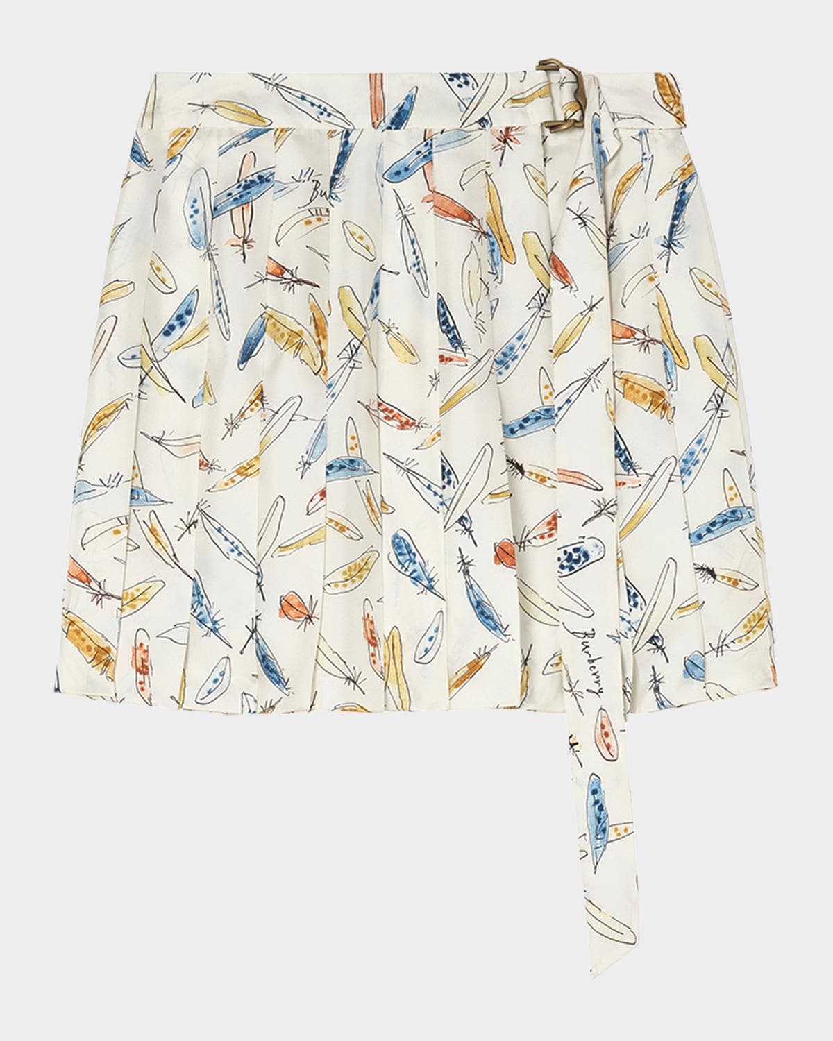 Burberry Feather-Print Silk Pleated Mini Skirt